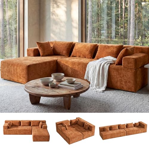 Image of MONVANE 106 inch Cloud Sectional Couch with L-Shaped Chaise, Modular Sectional Sofa with Deep Seat and Removable Armrests, Comfy Chenille Boneless Couches for Living Room, No Assembly Required, Orange