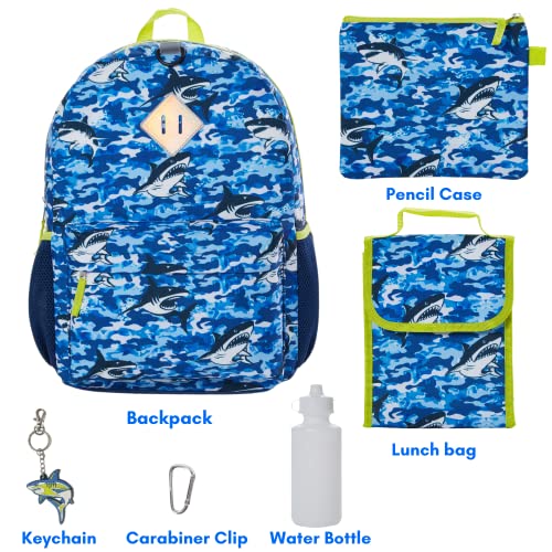 RALME Ocean Blue Camo Shark Backpack Set for Boys, 16 inch, 6 Pieces - Includes Foldable Lunch Bag, Water Bottle, Key Chain, & Pencil Case2