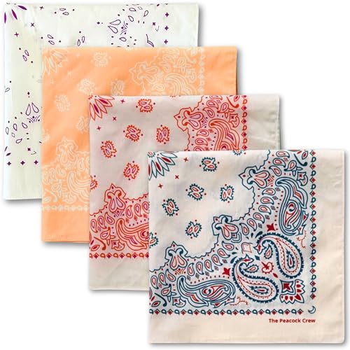 The Peacock Crew Pack of 4 Boho Chic Bandanas in Premium Soft Cotton Paisley Print - The Bohemians