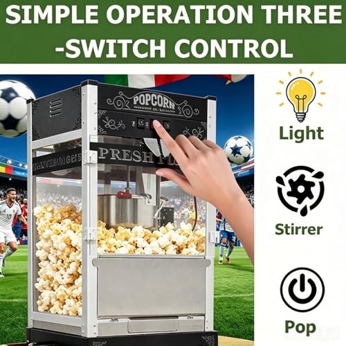 Image of 24Oz Commercial Popcorn Machine With Wheels - Stainless Steel Kettle Vintage-Style Popper Cart On Wheels With Tempered Glass Pop-corn Machine Maker For Home, Parties, Movie Theater (Black, 24oz) | 24OZ Stainless Steel Kettle, Tempered Glass Professional Pop Corn Maker, Large Capacity for Home Cinema, Christmas Gathering