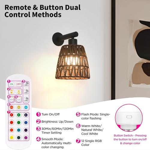 Image of Boho Battery Operated Wall Sconce Set of 2, Brown Rattan Rechargeable Wall Lights with Dimmable Bulbs and Remote,15 Colors Wireless Wall Lamps for Bedroom Living Room Hallway Decor