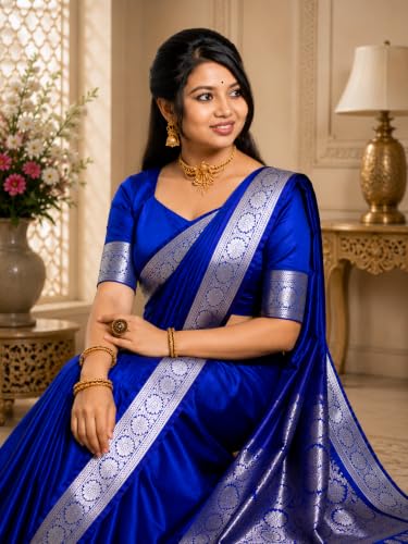 Image of Women's Glory Banarasi Satin Silk Saree Plain Silver Zari | Unstiched Blouse Piece Included.