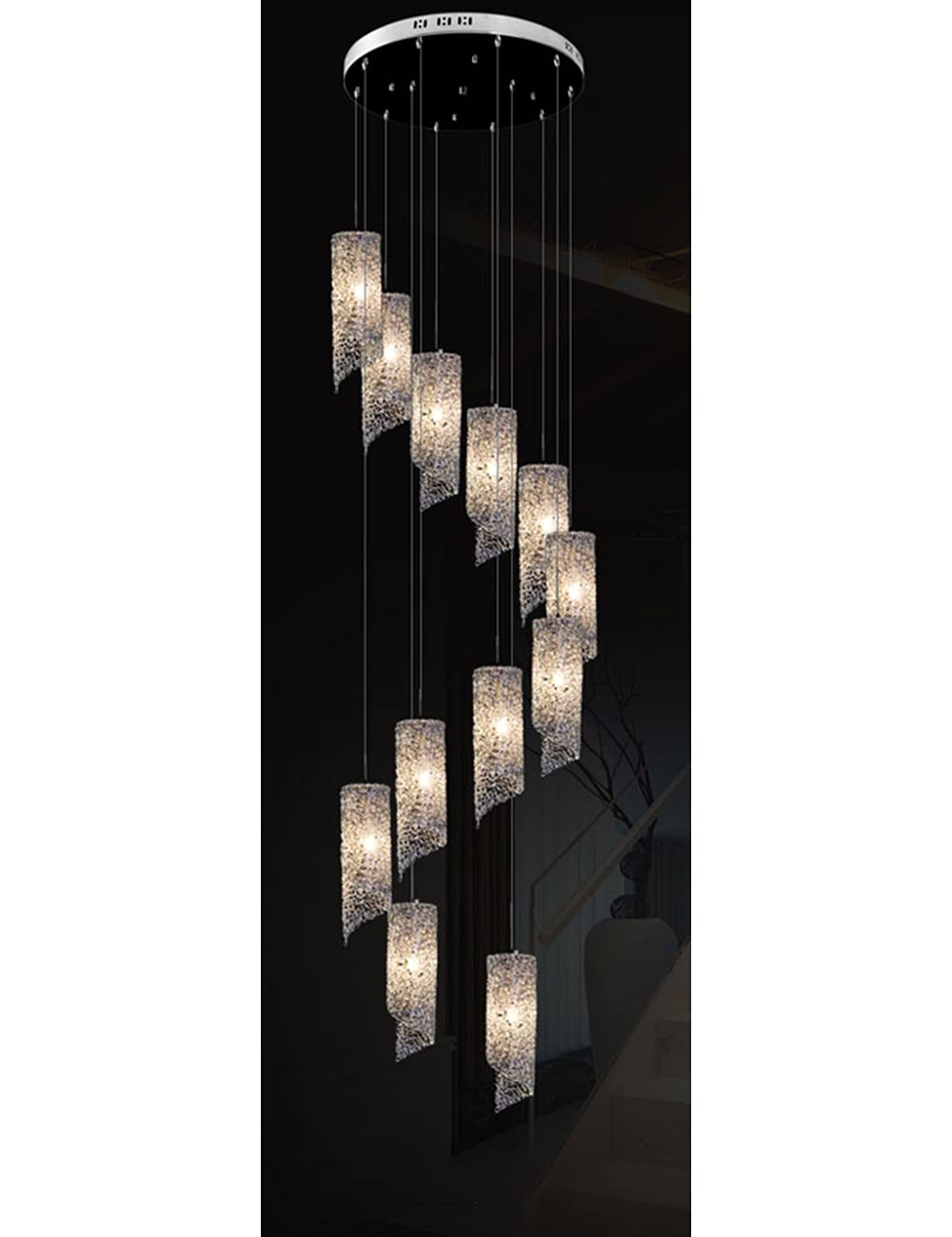 HYJAUSXB Modern Crystal Chandelier for Staircase and Living Room Elegant Silver Pendant Light Fixture Duplex Buildings Villas 12 Heads with Long Shade