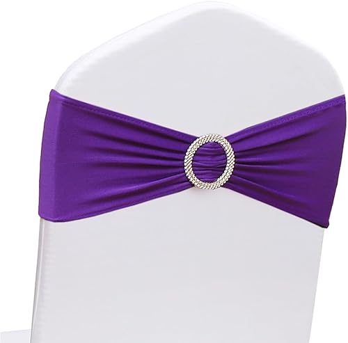 Paquete de 50 bandas elásticas color morado para decoración de sillas de fiesta, bandas elásticas para sillas con hebilla para banquete de boda,