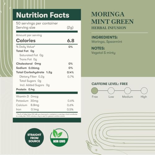 Image of Luxmi Estates Moringa Mint Tea, Loose Leaf, 50g (1.76oz, ~25 Cups), Moringa Oleifera Leaf with Spearmint - Caffeine-Free Herbal Superfood Infusion, Vegan & Non-GMO