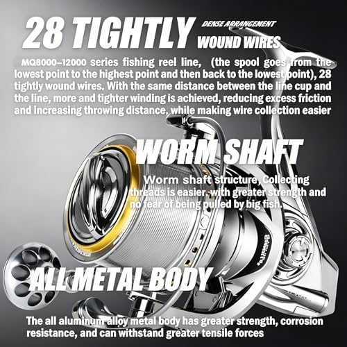 SAMOLLA Heavy Duty Spinning Reel Metal Body with CNC Machined Spool 55LB Max Drag 8+1 BB Ultra Smooth 4.6:1 High Speed Gear Ratio Saltwater Freshwater Fishing Reel for MQ12000 Worm Shaft - Thumbnail 5