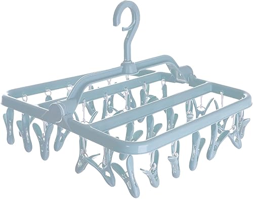 Percheros de secado de ropa, plegable, con 32 clips, ganchos plegables para ropa interior, para calcetines, toallas, brasieres (azul claro)