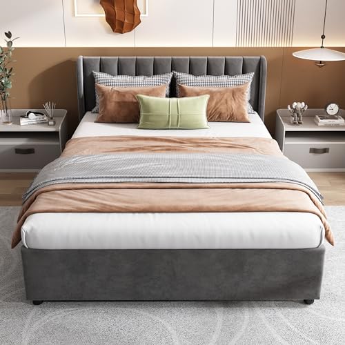 Cama de 180 x 200 con somier y 2 cajones, cama tapizada de 180 x 200 cm con espacio de almacenamiento, cama doble de terciopelo con somier de láminas, cama para adultos, gris