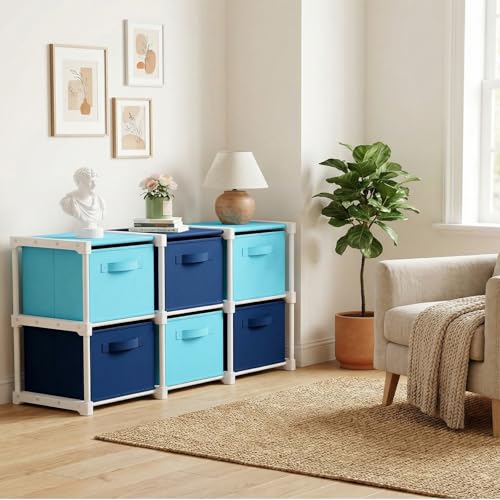 Thyle 大型キューブストレージオーガナイザーシェルフ 6つのビン付き 14インチ ファブリック折りたたみ式収納引き出し 衣類おもちゃ クリスマスギフト棚ユニット 保育園プレイルーム用 (ダークブルー、ライトブルー、カラフル)