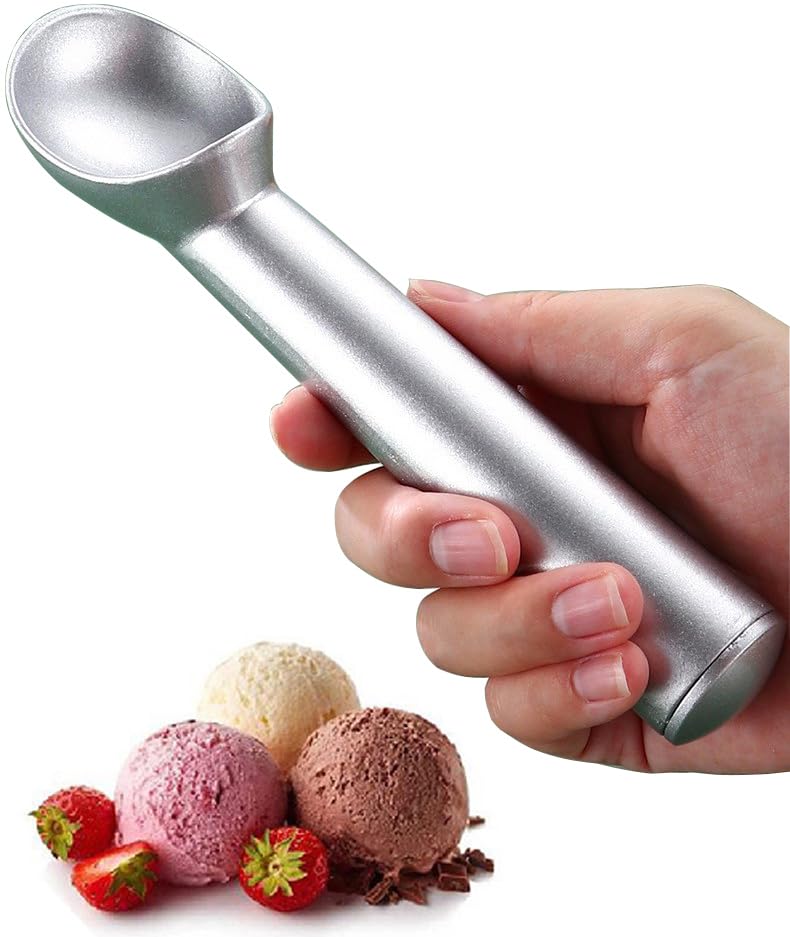 Multipurpose Heavy Duty Metal Large Ice Cream Scoop with Comfortable Handle and Ergonomic Non-Slip Grip (Short Handle-Silver)