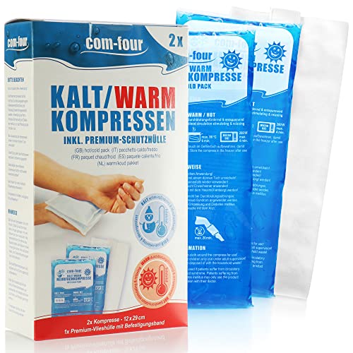 com-four® 2x Große Mehrfach-Kompressen 29 x 12 cm mit Premium Mehrweg Vlieshülle, Kalt und Warm Kompressen mit Gel-Kühlpack Schutzhülle mit Gummiband, mikrowellengeeignet - Made in Germany