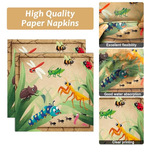 Image of Qyeahkj 100 Pcs Bug Party Plates Napkins Supplies, Spring Summer Ladybugs Bee Reptile Birthday Party Tableware Set Insect Birthday Party Decorations Favors for Boys Girls Serve 25