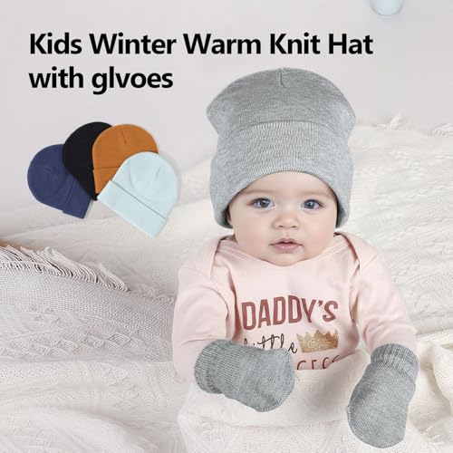 Image of Baby Beanie Hat Mittens Set Toddler Beanie for Little Boys Girls Children Kids Winter Warm Knit Hat with glvoes