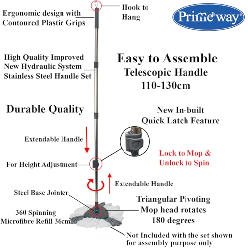 Image of Primeway Stainless Steel Handle for Spin Mops | 15cm Triangle Disc Plate Head with Extendable Rod Stick Accessory Replacement Set Without Refills | 110~130cm | Grey
