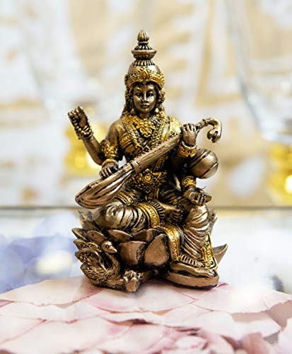 Hindu Beautiful Goddess Saraswati Seated on Lotus Flower Throne Playing Veena