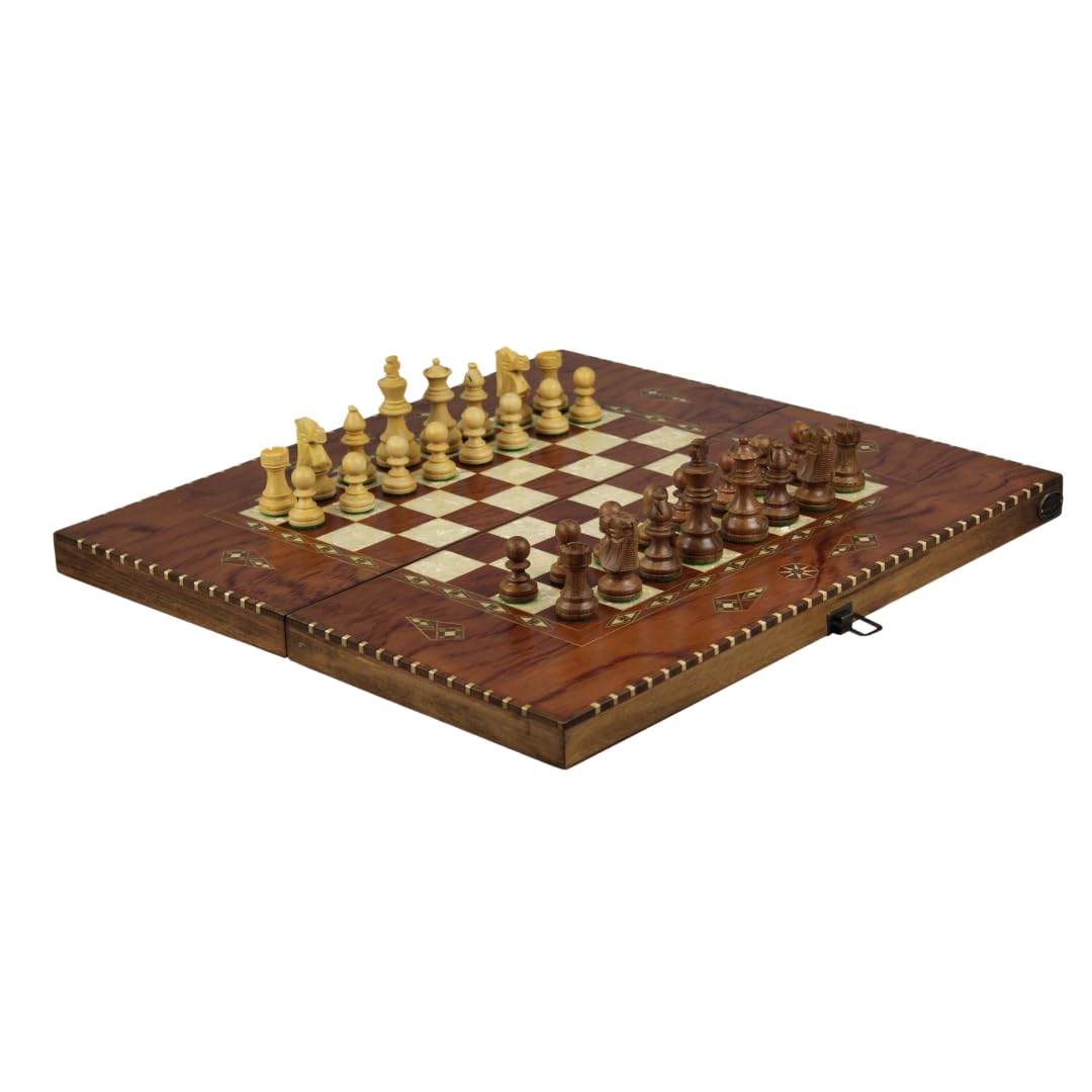 Juego de ajedrez y backgammon de palisandro rural de 20 pulgadas con piezas de ajedrez francés Staunton de Sheesham