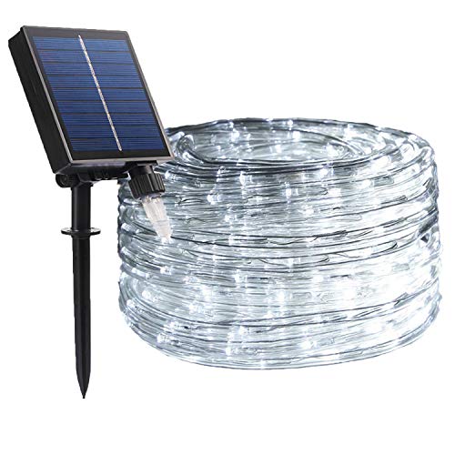 (Upgraded) FUNIAO 33ft 240 LED Solar Rope Lights Outdoor String Lights, Waterproof Solar Tube Light, Copper Wire Tree Wrap Fairy Lights Outdoor Decoration Lights for Garden Fence Yard Holiday (White)