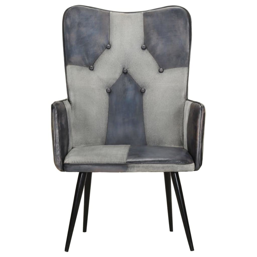 Sillón Orejero de Cuero Auténtico Gris, Silla de Descanso con Asiento Acolchado y Respaldo Suave, Patas de Hierro Estables para Sala de Estar o Dormitorio, Diseño Ergonómico
