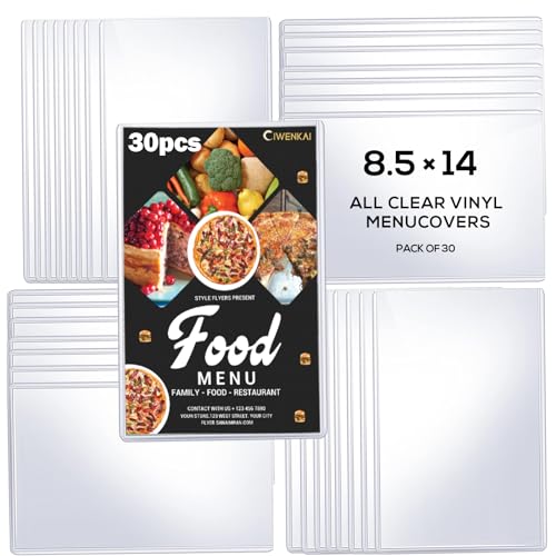 Restaurant Menu Covers Clear Vinyl - Menu Covers with Protective Film 8.5 x 14 Inch - Single Page 2 View, Wipeable, Reusable, Menu Holder Top-Loading 30 Pack