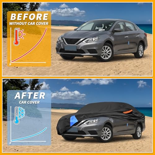 Image of Waterproof All-Weather Universal Car Cover with Right Side Zipper, 190T Polyeste Black Blue Fits for Sedan 190 inch to 198 inch Length