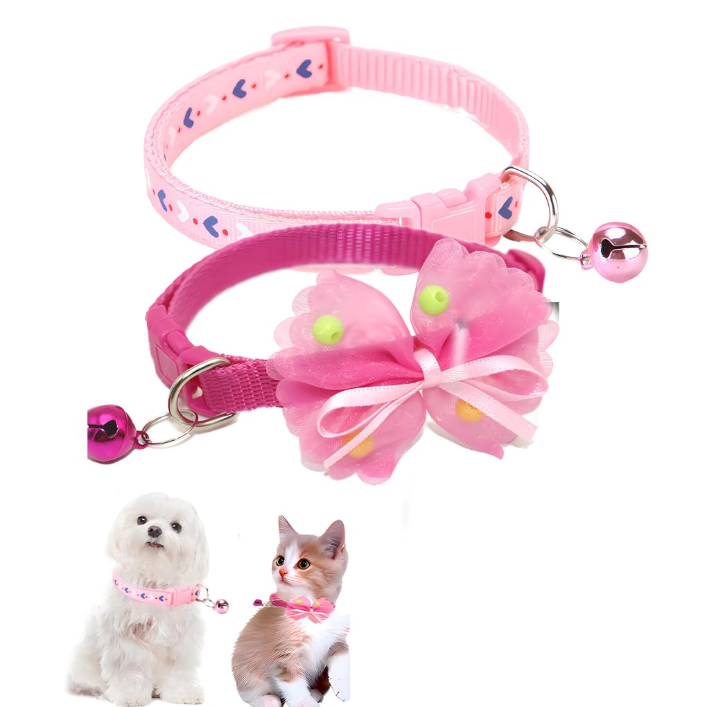 Collier pour chat et chiot rose réglable : lot de 2 avec clochette de repérage