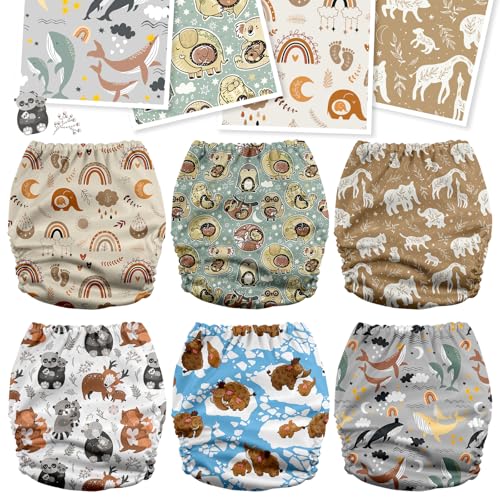 Image of Mama Koala 3.0 Cloth Diapers for Babies with AWJ Lining, 6 Pack with 6 5-Layer Natural Cloth Diaper Inserts - Reusable and Washable Pocket Diapers(A-Animals' Love)