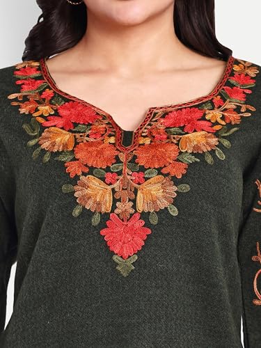 Image of HAUTEMODA Women Woollen Short Kashmiri Embroidery Phiran Kurta