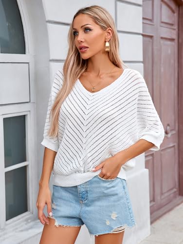 Image of Libsorge Womens Sexy V Neck 3 /4 Sleeve Sweater Spring 2025 Trendy Dressy Casual Outfits Lightweight Crochet Knit Pullover Top