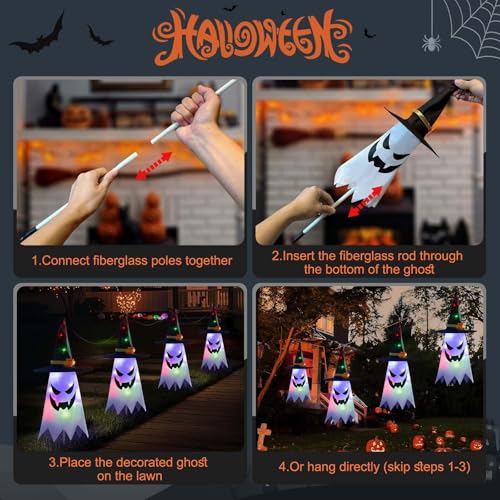 4 Stück LED Geister mit Hexenhu für Halloween Deko Outdoor,LED Halloween Horror Dekoration für Garten Rasen Gruselig Outdoor,Hängende Gespenster Dekorationen