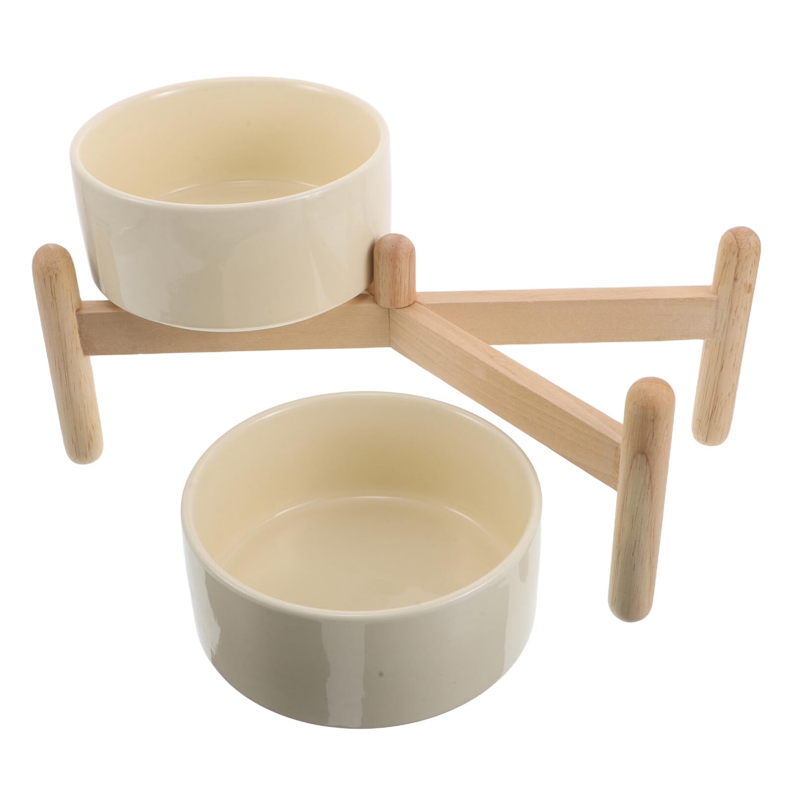 Veemoon Comedero Elevado para Perros y Gatos Pequeños con Tazones Dobles de Cerámica 850 Ml, Soporte Antideslizante de Madera Beige 15,5 Cm, Cuencos Elevados para Comida y Agua Mascotas