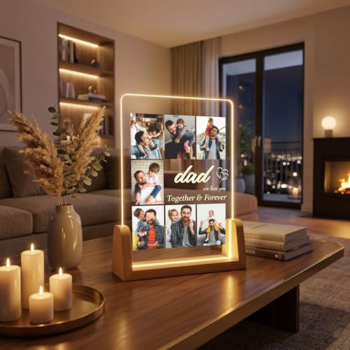Image of Giftplease Personalized Rectangular Acrylic Wood Photo Frame | Warm LED Light Base Custom 7 Picture Collage Night Decor for Father Papa Husband | Fathers Day Best Dad Birthday Tabletop