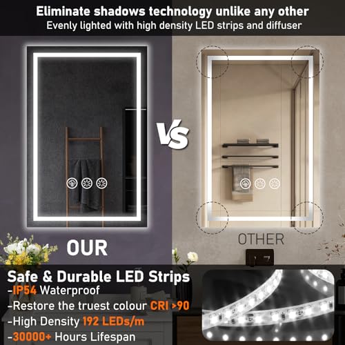 Simusi 400X600MM LED Bathroom Mirror with Lights– Illuminated Bathroom Vanity Mirror with LED Lights, Anti-Fog Wall-Mounted Light up for Makeup, Dimmable 3-Color Lighting, IP44, Tempered Glass - Image 6