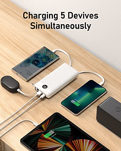 VEEKTOMX Power Bank 20000mAh Powerbank con Cavi Integrati Caricatore Portatile USB C Batteria Esterna con 5 Uscite e 2 Ingressi Compatibile con iPhone Samsung Huawei Xiaomi (20000mAh-Bianca)