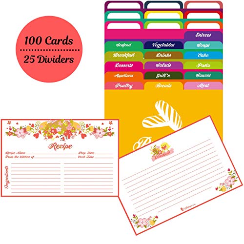 AKSHAYA Pink Floral Recipe Cards and Dividers set - 100 Recipe Cards 4x6