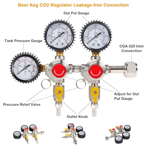 Image of Co2 Regulator for Kegerator, CGA-320 Co2 Regulator Dual Output Co2 Tank Regulator with 4 Hose Clamps, Draft Beer Kegerator Co2 Regulator Co2 Pressure Regulator for Home Brewing