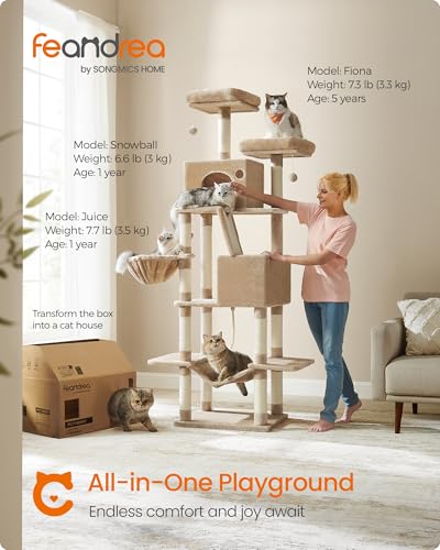 Image of Feandrea Cat Tree, 81.1-Inch Large Cat Tower, Multi-Level Plush Condo with 13 Scratching Posts, 2 Perches, 2 Caves, Basket, Hammock, Pompoms, Camel Brown UPCT190K01