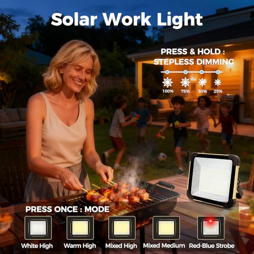 Solavn Led Work Light Rechargeable USB-C, Portable Camping & Emergency Light, IP65 Waterproof, Solar Charging, 5 Modes Stepless Dimming, 180° Handle With Hook, 500 Lm, 180 Leds — Khaki - 4