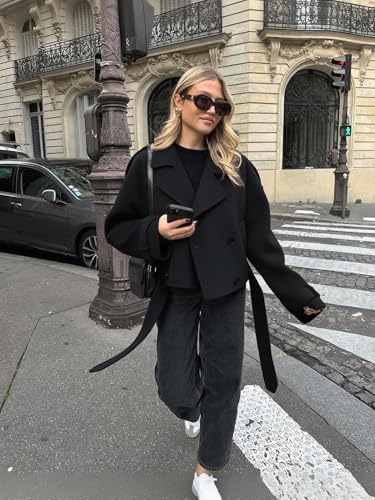 utcoco Womens Cropped Wool Coats Belted Double Breasted Pea Coat Short Jacket Notched Lapel Trench Coat with Pockets2