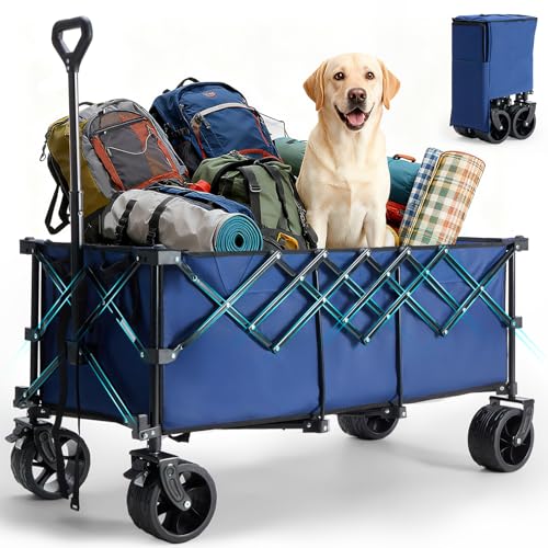 Image of DUMOS 49''L Collapsible Extended Wagon with 440LBS Capacity, Heavy Duty Wagons Garden Cart with All-Terrain Big Wheels & Drink Holders, 250L Foldable Carts for Sports, Shopping, Camping, Blue