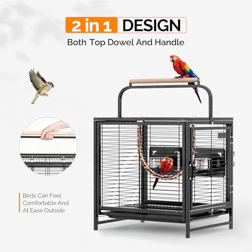 Image of VINGLI Small Bird Cage, 19 inch Travel Carrier Bird Cage with Handle, Wrought Iron Parakeet Cage with Wooden Perch for Parrot Lovebirds Finches Small /Medium Birds (Hammertone Black)
