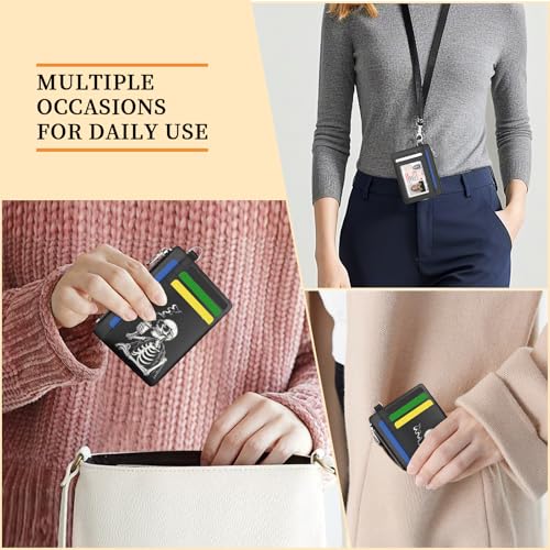 Image of Hancynir Slim Wallet Women Credit Card Holder, Skull Skeleton RFID Blocking Small Mini Card Wallets, Funny Front Pocket PU Leather Card Case, Thin Travel Zipper Coin Cash Ladies Female Wallet Gifts