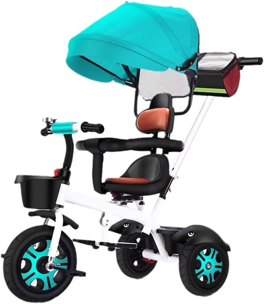 Swivel seat Kids Stroller tricycles,Toddler Trolley for Age 1-5,Parent Steering Push Trike with Removable Canopy and Push Handle,Titanium Wheel,Rear Wheel with Brakes (White Green), Large