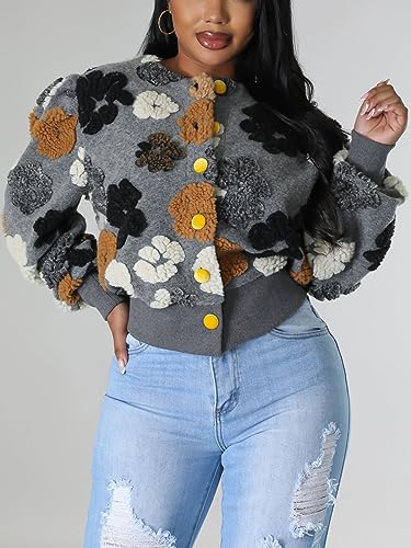 Alunzoem Wool Coats for Women Flower Bomber Jacket Long Sleeve Button Down Fashion Sweater Jackets Outerwear2