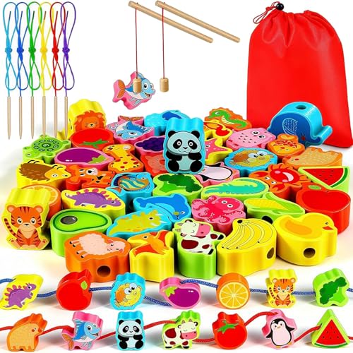MOONYIN 2 en 1 Jouet Montessori de Pêche en Bois Magnétique | Fruit Légume Animal Perles en Bois - Jouets Puzzle Jeu éducatif pour Enfants Cadeau Pâques 3...
