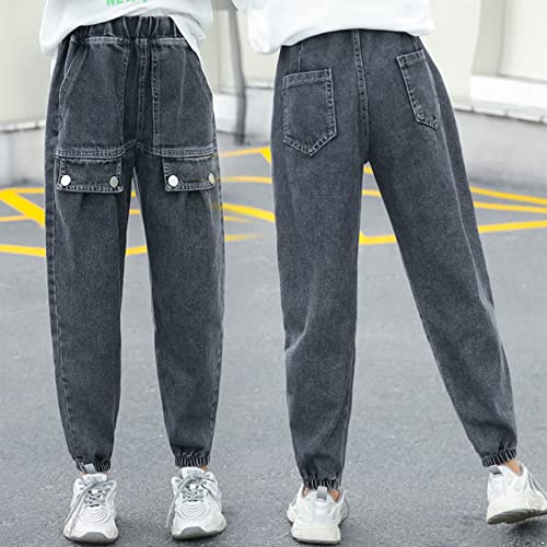 Kids Girls Baggy Denim Pants Flap Pocket Side Relaxed Fit Straight Wide Leg Cargo Jeans Cuffed Casual Denim Trousers2