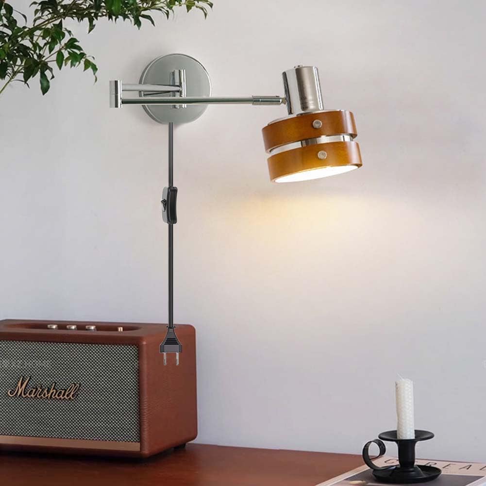 Holz Vintage Wandleuchte Schwenkarm Innen Wandlampe Verstellbar Lange Arm Wandleuchten mit Stecker und Kabel Schalter Wand Leseleuchte Faltbar Drehbarelampe für Wohnzimmer Schlafzimmer