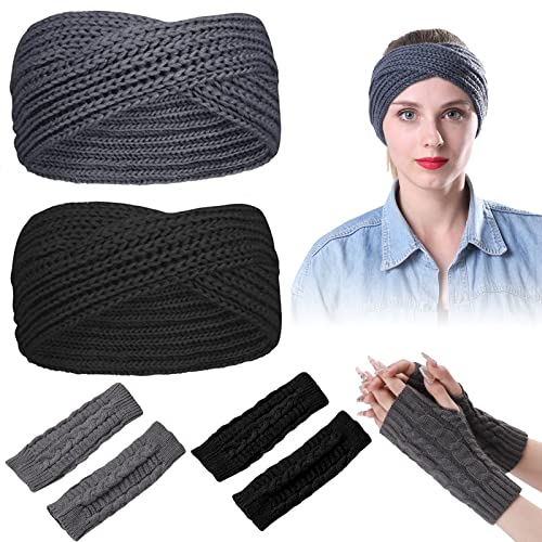 Bandeau Cheveux Femme Hiver, 2 Pcs Bandeau Cheveux pour Femme+2 Pcs Gants d'Hiver Sans Doigts Bandeau Laine Femme Bandeaux Hiver Serre-Tête Tricoté Oreille Réchauffeur Chaud Bande Élastique Cheveux Cover
