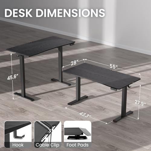 Image of Veken 55 x 28 Inch Electric Standing Desk with Adjustable Height, Sit to Stand Computer Table for Study, Work or Gaming, Home Office Desk Black