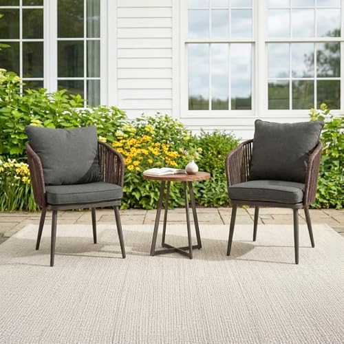 Image of DEVOKO Outdoor 3 Pieces Wicker Patio Garden Furniture Set with Weather Resistant Rattan & Rust Proof Metal Frame Water repllent Cushions(Dark Brown & Dark Grey)