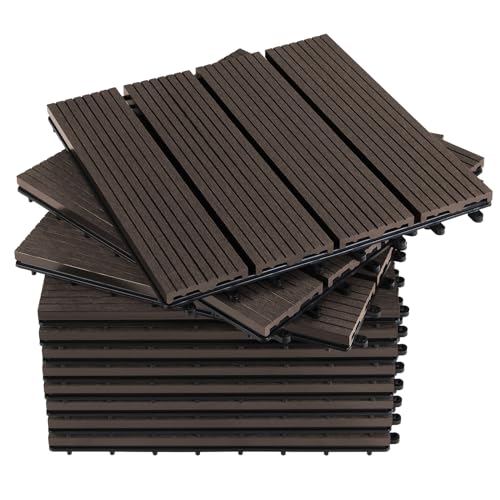 Montafox WPC Fliesen 30 x 30 cm 22 Stück / 2m² Dunkelbraun Terrassenfliesen Klicksystem Fliese Holzoptik Bodenbelag Klickfliesen Terrasse Balkon, Größe (Fläche):2 m² | 22 Fliesen, Farbe:Dunkelbraun